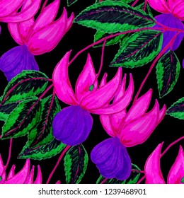 Creative seamless pattern with tropical leaves and flowers. Trendy texture with hand drawn exotic plants.
 - Shutterstock ID 1239468901