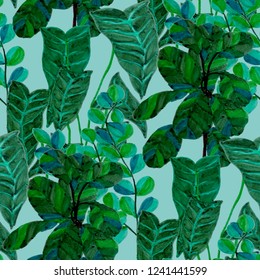 Creative seamless pattern with tropical leaves. Trendy hand drawn texture.
 - Shutterstock ID 1241441599