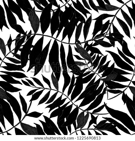 Creative seamless pattern with tropical leaves and flowers. Trendy texture with hand drawn exotic plants.