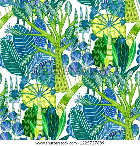 Creative seamless pattern with tropical leaves. Trendy hand draw texture. 
