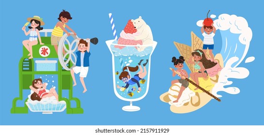 Creative set of kids with summer food items. Flat illustration of cute children playing on ice shaving machine, scuba diving in cold sundae and rowing ice cream boat. Text translation: Ice