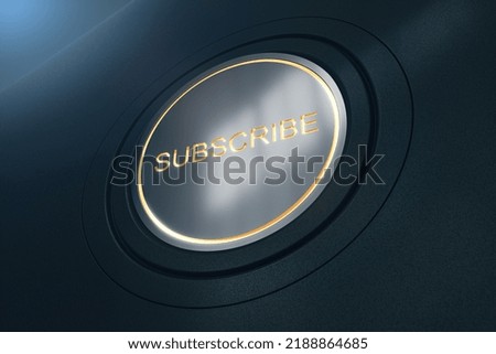 Creative shiny subscribe button on dark background. 3D Rendering