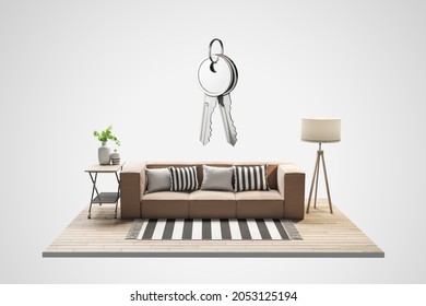 Creative sofa and living room fragment on white background with silver keys. Mortgage and house purchase concept. 3D Rendering