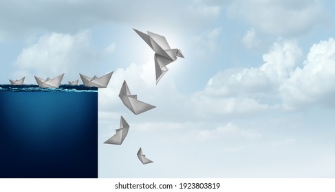 Creative solutions and business innovation solution concept of innovative idea as a paper boat transformed into a bird lifted away from risk in a 3D illustration style.
