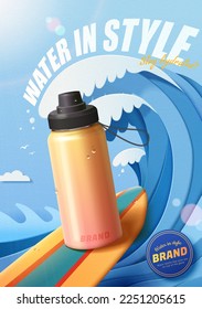 Creative sport water bottle ad  3D illustrated orange gradient bottle surfing board and papercut style wave background 