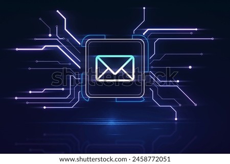 Creative square circuit button hologram with email icon. Technology and e-mail newsletter concept. 3D Rendering