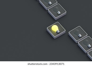 Creative startup. Glowing light bulb on button. Artificial intelligence. Innovative breakthrough. Right conclusion. New invention. Successful investment. Promising discovery. 3d render