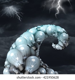 Creative Storm Concept As A Poerful Creativity Symbol As A Group Of Light Bulbs Shaped As A Water Wave Undertow With Lightning Bolts As A Metaphor And Brainstorm Icon With 3D Illustration Elements.