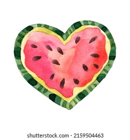 Creative stylized watercolor heart shaped watermelon with seeds. Ripe berry in cutaway for design of summer festival on sea. Hand drawn element of food for illustration dessert on isolated white.