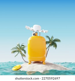 Creative summer beach with giant suitcase on island. travel concept idea. 3d rendering - Powered by Shutterstock