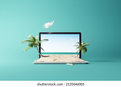 Creative summer beach on laptop with blue background. 3d rendering