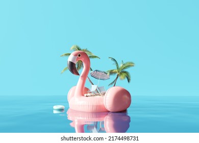 Creative summer flamingo island floating in the sea with blue sky. 3d rendering