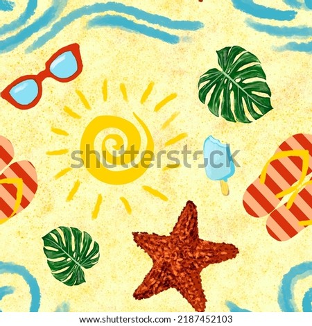 Creative summer minimalistic background. Abstract Yellow sea sand texture seamless pattern with sun, sea star, ice cream, sunglasses, palm leaves, sea waves, nature background.