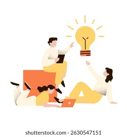 Creative team brainstorming and sharing ideas, with a large glowing light bulb symbolizing innovation and teamwork in a flat-style illustration.