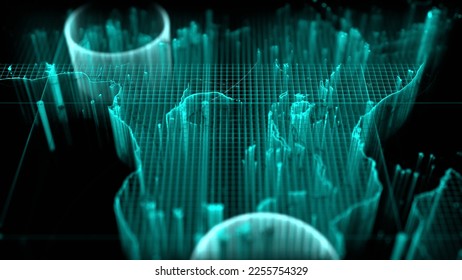 Creative technology background. Cyber world map. Location search points. 3D render.