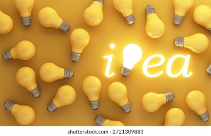 Creative thinking and brainstorming concept with glowing light bulb idea among many bulbs on yellow background, representing innovation, inspiration and smart solutions, 3d rendering.
