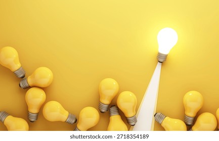 Creative thinking concept with one glowing light bulb standing out from many yellow bulbs on minimal background representing innovation leadership and new ideas 3d rendering