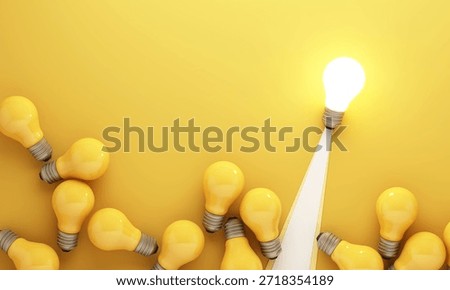 Creative thinking concept with one glowing light bulb standing out from many yellow bulbs on minimal background representing innovation leadership and new ideas 3d rendering