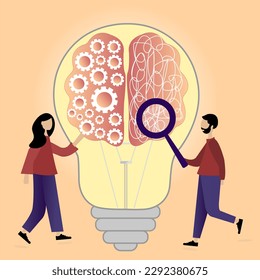 Creative thinking concept. Team brainstorming, teamwork. Neurological science and brain research concept. Vector illustration on a gradient background.