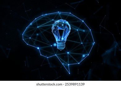 Creative thinking and ideas concept with digital blue light bulb in figure in form of human brain on dark background. 3D rendering