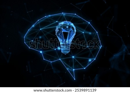Creative thinking and ideas concept with digital blue light bulb in figure in form of human brain on dark background. 3D rendering