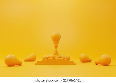 Creative thinking ideas and innovation concept. Rocket light bulb flying on group of another lightbulb and book. 3d render illustration