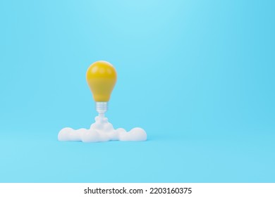 Creative thinking ideas and innovation concept. Rocket light bulb flying on background. 3d render illustration