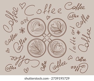 Creative top view of four coffee cups with beautiful latte art surrounded by artistic 