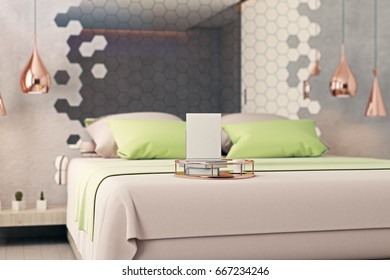 Creative tray with empty banner, coffee cup and books placed on clean bed in modern interior with hexagonal mirror. Mock up, 3D Rendering - Shutterstock ID 667234246