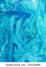 Creative turquoise background with abstract painted waves. Marble texture. Acrylic handmade backdrop. Watercolour stains.