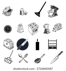 A creative vector illustration set of black school and education icons featuring pencil, paint, and camera symbols in a brush art silhouette design collection