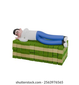 Creative Video Editor 3D Cartoon Character Design. A male video editor is lying on a pile of money with both hands supporting each other on his cheeks. Design
