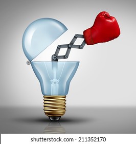 Creative Weapon Symbol And Game Changer Business Concept For The Power Of Ideas And Fighting To Pitch Powerful Innovation As A  Boxing Glove Emerging Out Of An Open Light Bulb Icon Of Creativity