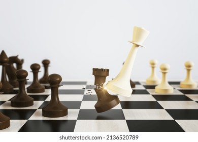 Creative White Chess Backdrop With Breaking Figures. Battle, Match And Strenght Concept. 3D Rendering