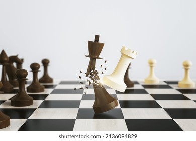 Creative White Chess Background With Breaking Figures. Battle, Match And Strenght Concept. 3D Rendering