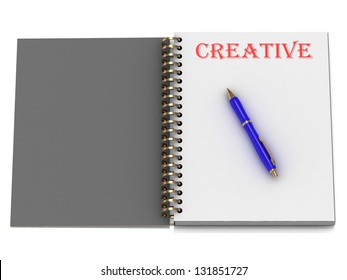 CREATIVE word on notebook page and the blue handle. 3D illustration on white background - Powered by Shutterstock - Get 15% off with code: PIKWIZARD15