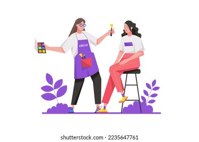 Creative worker concept in flat design. Woman works as makeup artist and making decorative makeup on model face. Beautician at salon. Illustration with isolated people scene for web banner - Powered by Shutterstock