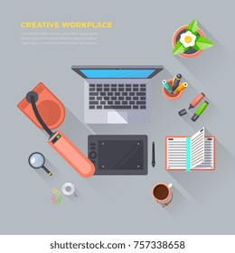 Creative workplace objects top view on grey background flat isolated  illustration 