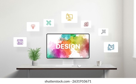 Creative workspace showing design process through symbolic icons around a watercolor screen, representing tools, ideas, and visual development