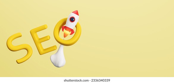 Creative yellow background with flying rocket, word and mockup place. SEO, startup and web development concept. 3D Rendering