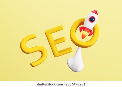 Creative yellow background with flying rocket and word. SEO, startup and web development concept. 3D Rendering