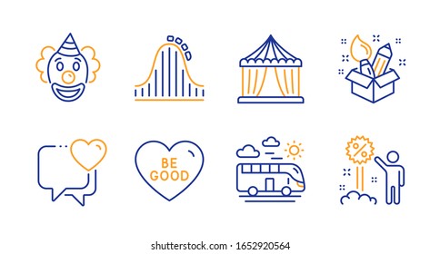Creativity  Circus tent   Heart line icons set  Bus travel  Be good   Roller coaster signs  Clown  Discount symbols  Design idea  Attraction park  Holidays set  Line creativity icon 