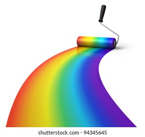 Creativity concept: rainbow coloring and roller brush isolated white background