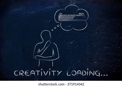 Creativity loading: person thinking with hand on his chin & progress bar in a thought bubble