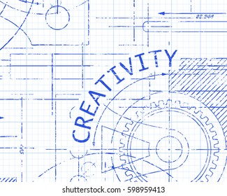 Creativity text with gear wheels hand drawn on graph paper technical drawing background
