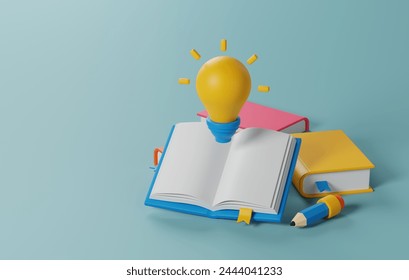 Creativity vibrant featuring yellow light bulb and open book perfect blend of education and innovative ideas. Ideal for projects seeking to convey of learning and imagination. 3D render illustration 