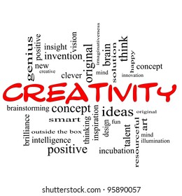 Creativity Word Cloud Concept scribbled in red with great terms such as happy, innovation, fun, incubation, ideas and more.