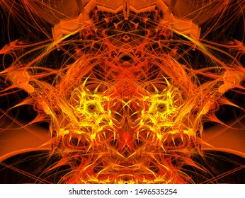 Creature from extraterrestrial life. Composition in red color.  Graphic Design. Magic energy multicolored fractal. 3D rendering.
