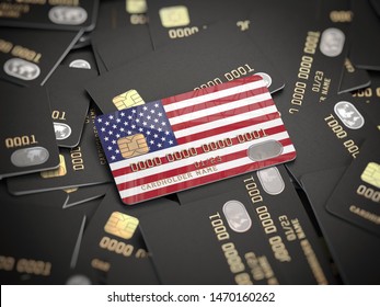 Credit Card Of American Bank On The Heap Of Other Different Black Cards. Opening A Bank Account In The Bank Of USA. 3d Illustration