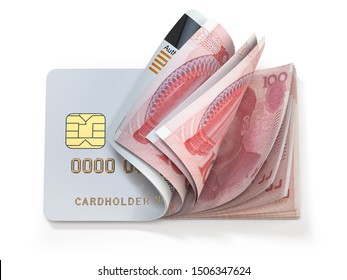 Credit Card And Chinese Yuan In Cash. Banking, Shopping Concept. Opening A Wallet Or Bank Account In China. 3d Illustration